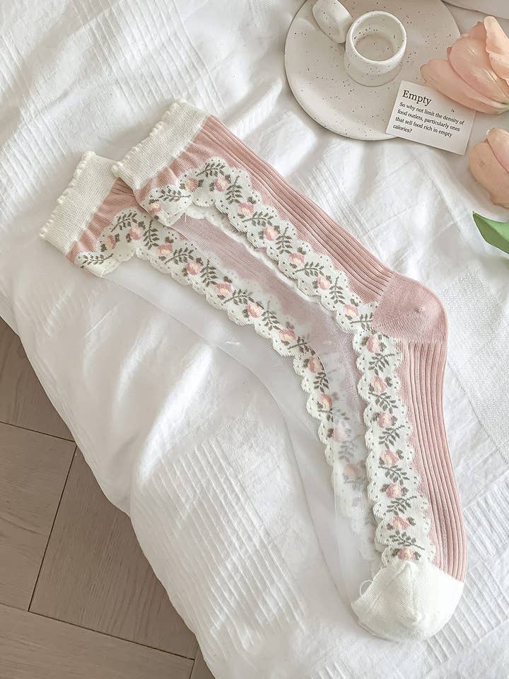 Rose Sheer socks with floral lace 🤍🌸 for wholesale on Faire3