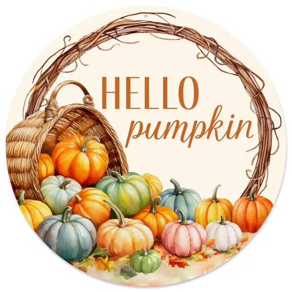 General Wholesale Inc - Wholesale Sign - 12"Dia Hello Pumpkin Sign-Cream/Brown/Orange-MD16840