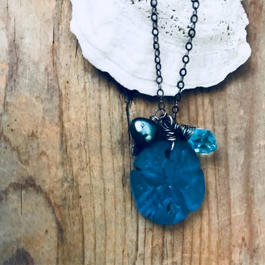 Teal Sand Dollar Necklace With Crystal and Pearl for wholesale by Fuchsia Bloom Studio
