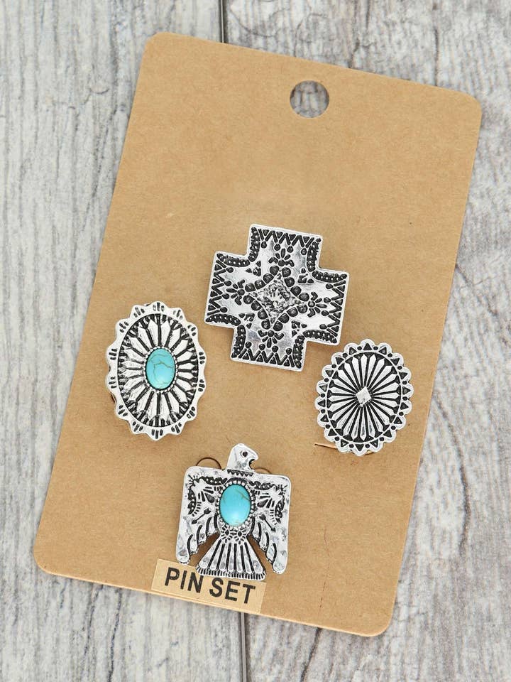 4 PACK WESTERN ASSORTED BROOCH PIN SET H14181 for wholesale by anbfashion