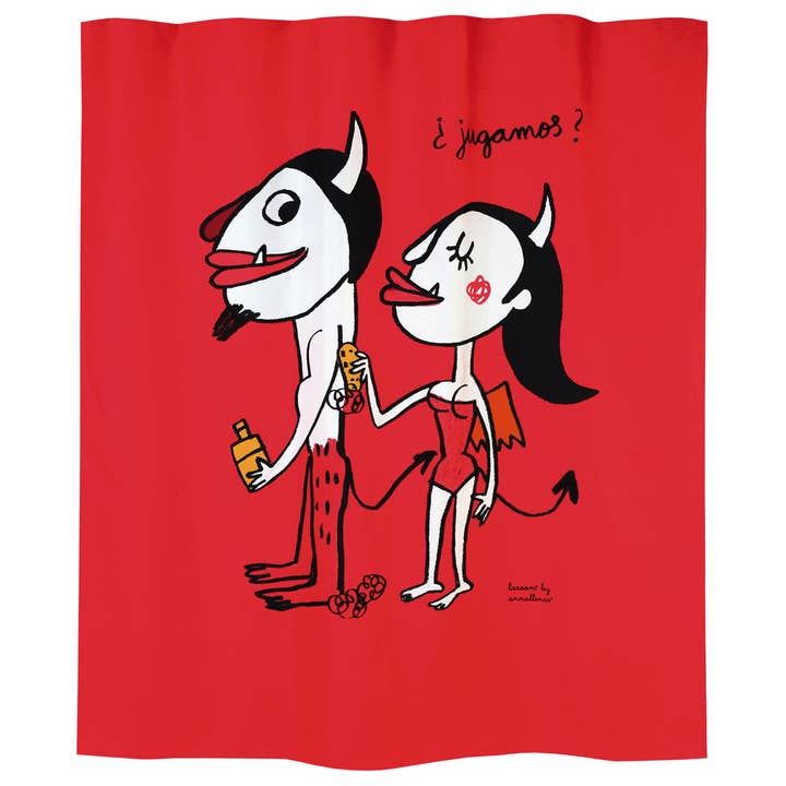 Badforhæng 'Shall we play?' i rød polyester for engroshandel hos Laroom
