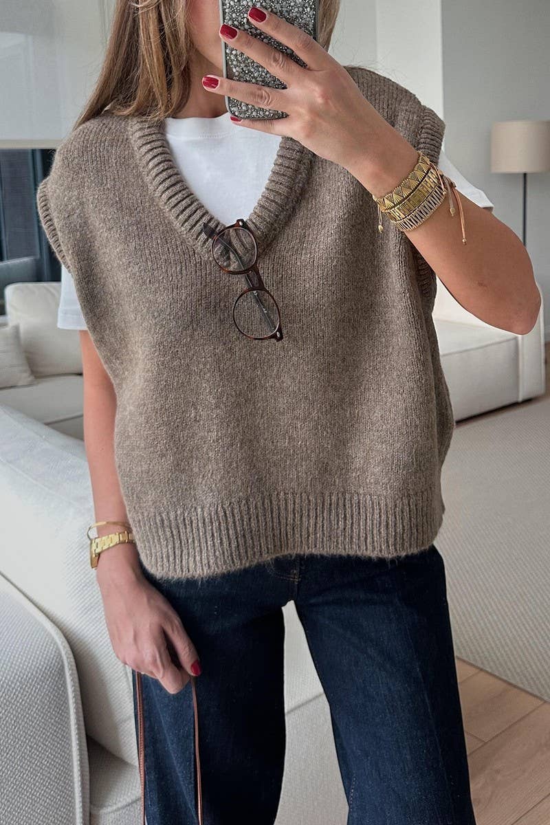 KAKI GILET EN MAILLE LÂCHE À COL V SOLIDE CWOSWSL00163 en vente sur Faire3