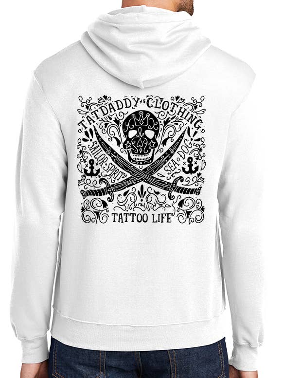 Nuova felpa con cappuccio bianca «Tattoo Life» per la vendita all'ingrosso da parte di TatDaddy Clothing Co.
