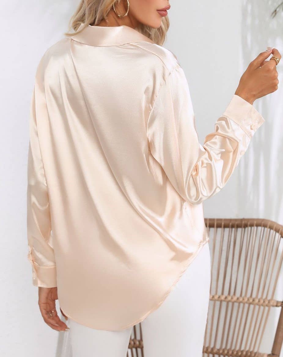 HIDDENBRAND - Wholesale Button Down Shirt - Women's - Satin Faux Silk Long-Sleeved Shirt12