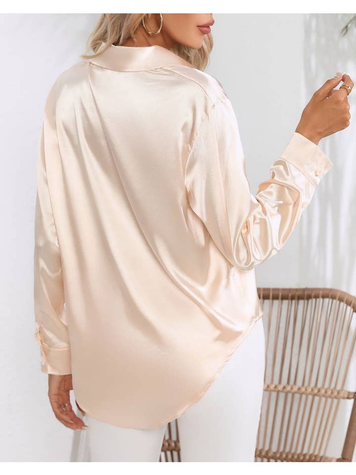 HIDDENBRAND - Wholesale Button Down Shirt - Women's - Satin Faux Silk Long-Sleeved Shirt12