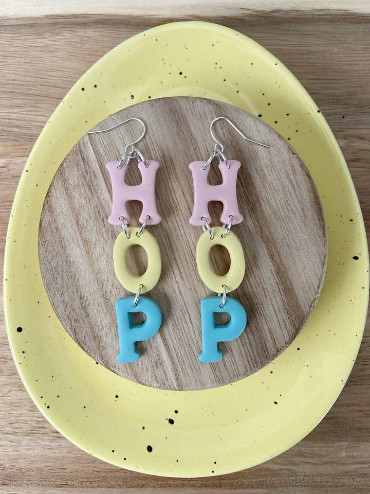 “H-O-P” polymer clay earrings for wholesale by KLA Designs