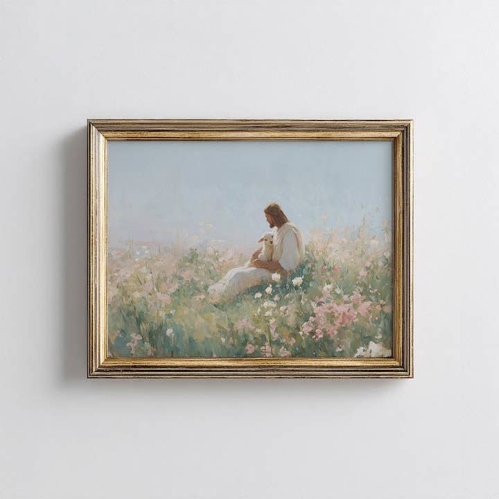 Christ & Lamb in Flowers Are Print for wholesale by Paper House Print Shop