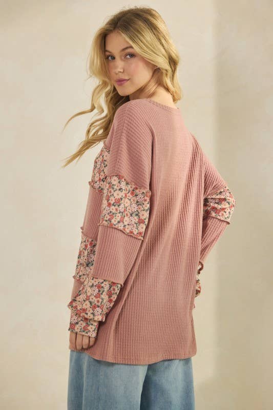 SENNEP T4479HE11-Solid og Blomstret Kontrast Langærmet Top for engroshandel på Faire9