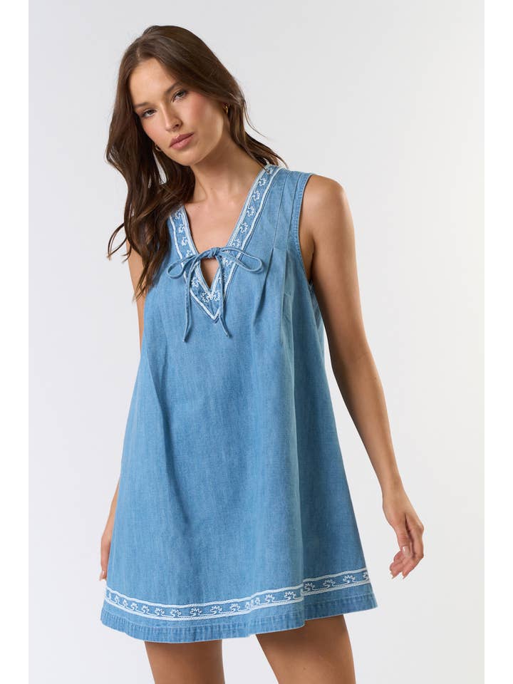 ILD5211 SLEEVELESS EMBROIDERED DENIM DRESS for wholesale on Faire