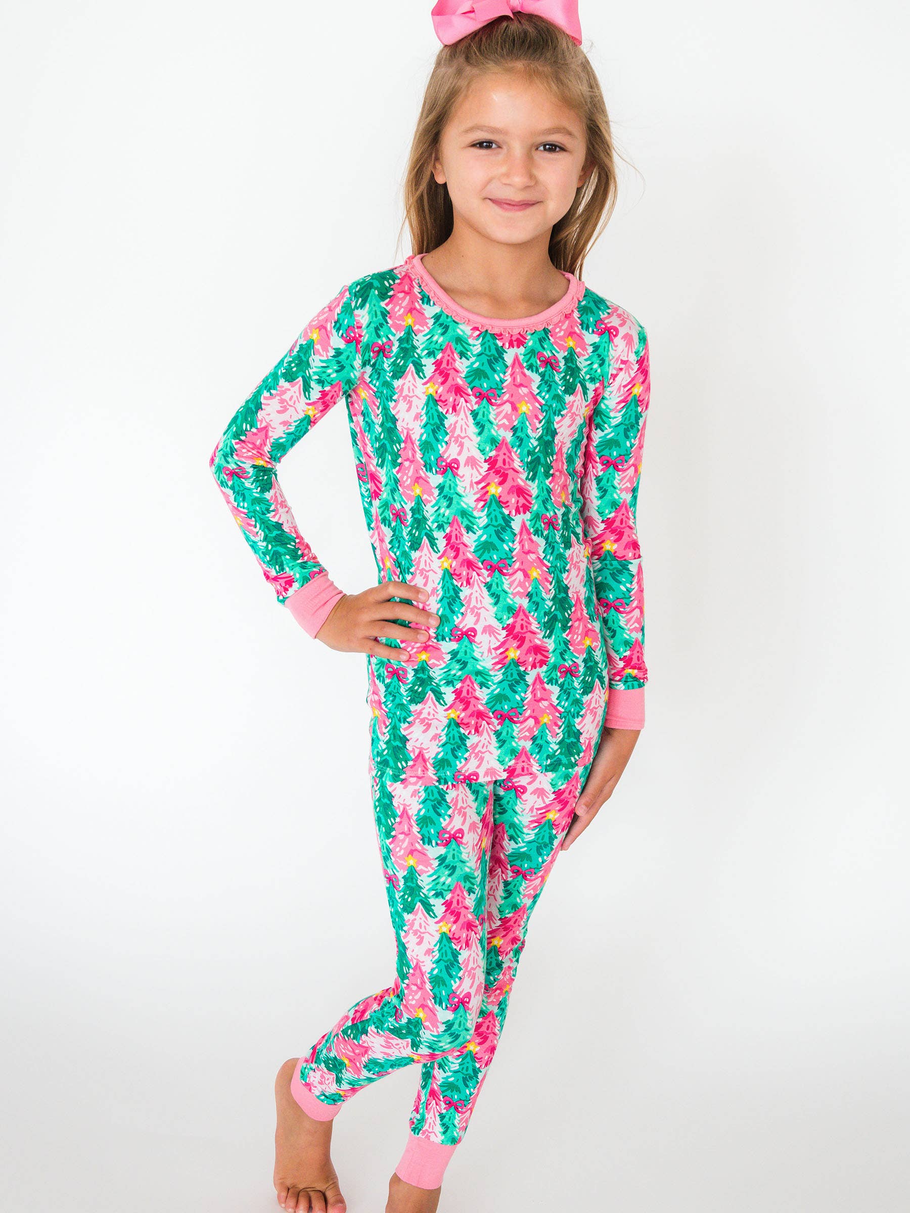 SoftSnooze™ Girls Bamboo Viscose Pink Jolly Grove Ruffle Long Sleeve Pajama Set for wholesale on Faire6