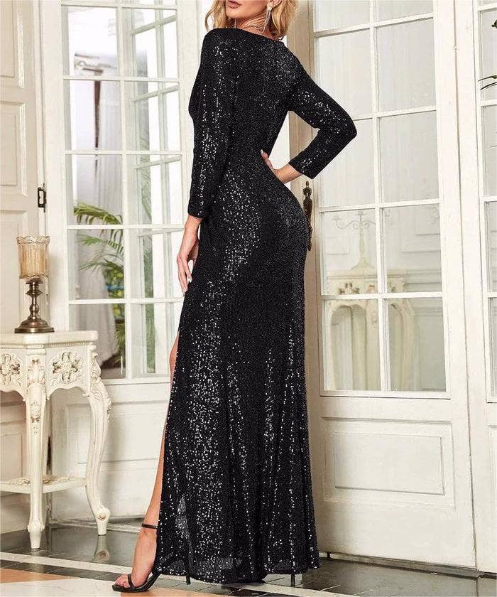 Rosa Clothing - Wholesale Gown - Women's - Sequin slit long sleeve party evening dress3