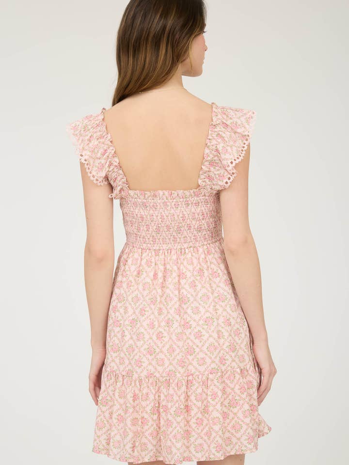 Blu Pepper – Vestido - Mulher por atacado – Vestido mini franzido com padrão de treliça floral