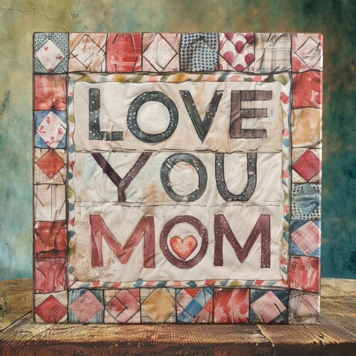 Patchwork Heart - Rustic Quilt Inspired Love You Mom Art Tile for wholesale by Peeping Tom's Cottage