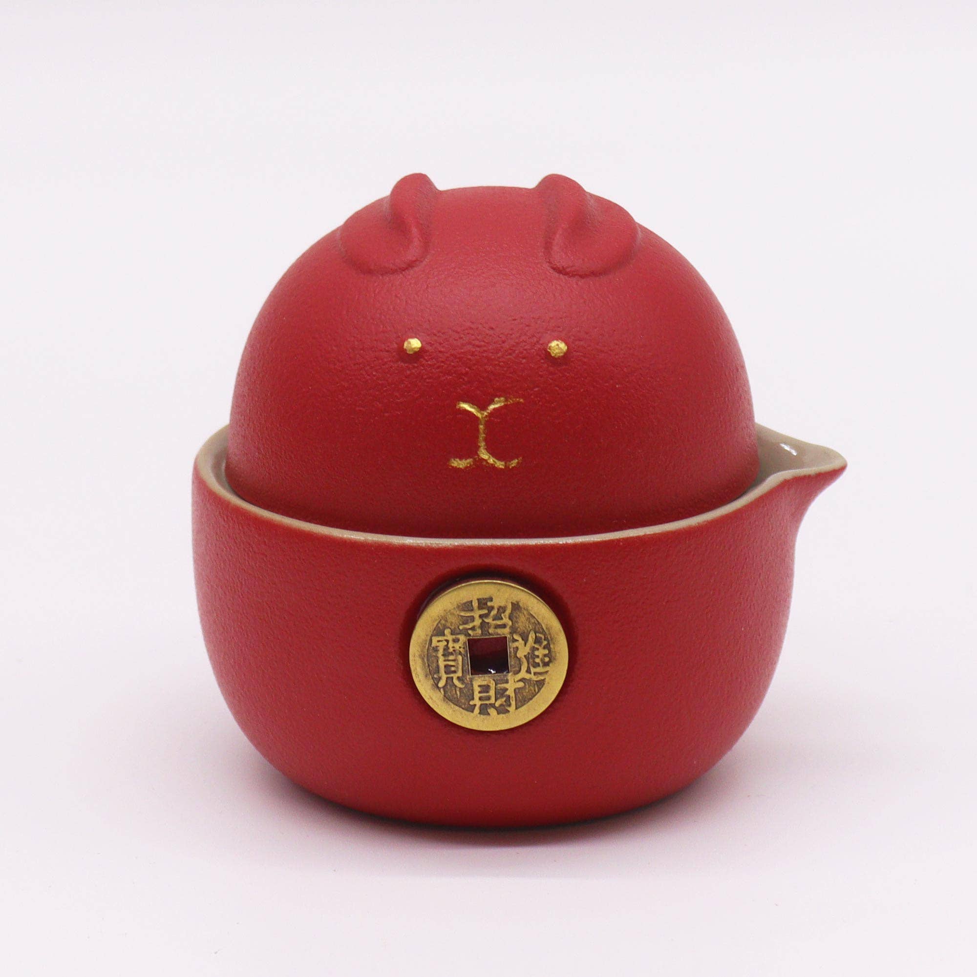 Ancient Wisdom – wholesale Tea set – Money Cat Teapot Set - Two Cups  - Red2