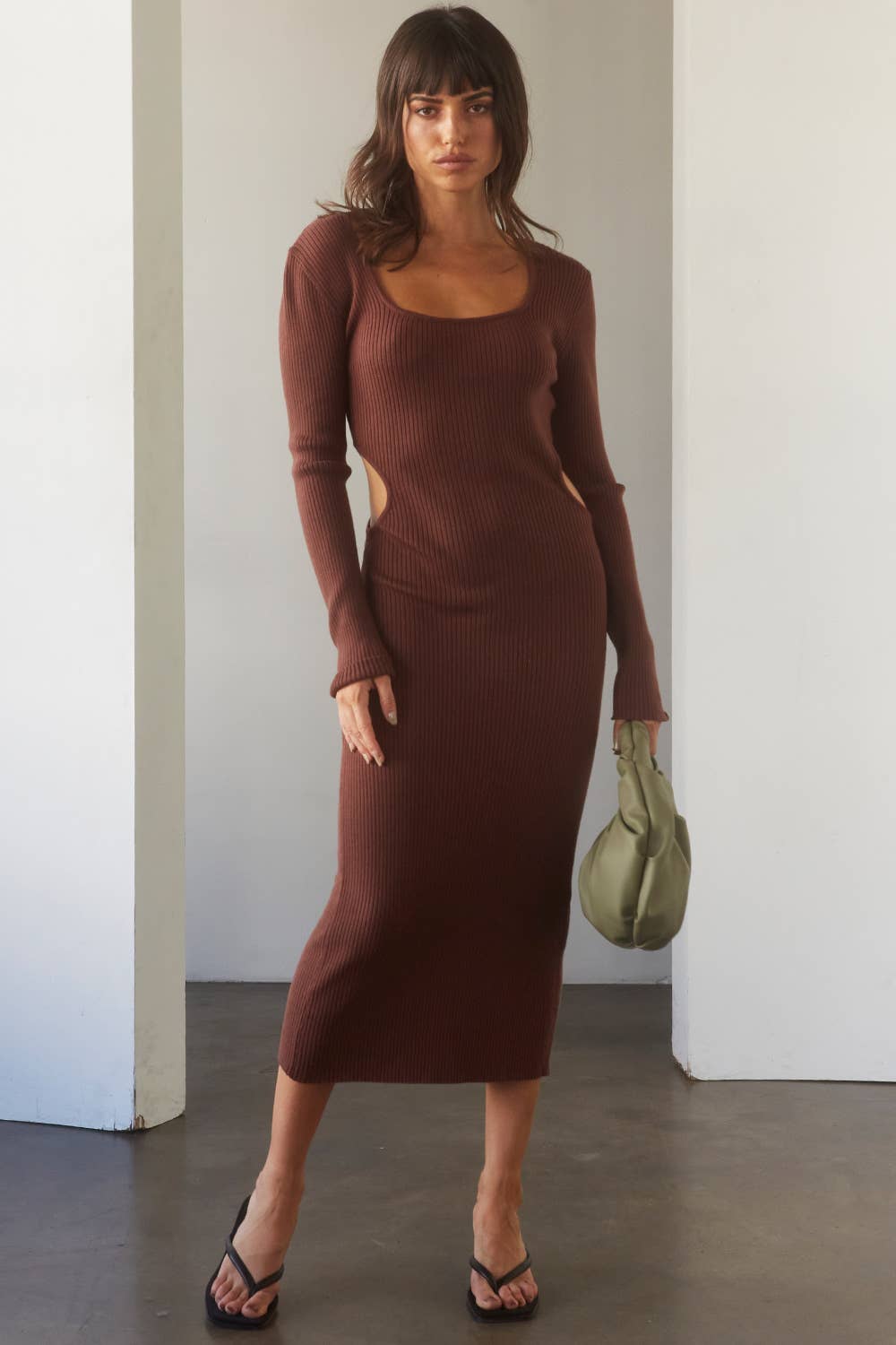 CHOCO BROWN CD7591 - Bernie Side Cut-out Knit Midi Dress for wholesale on Faire1