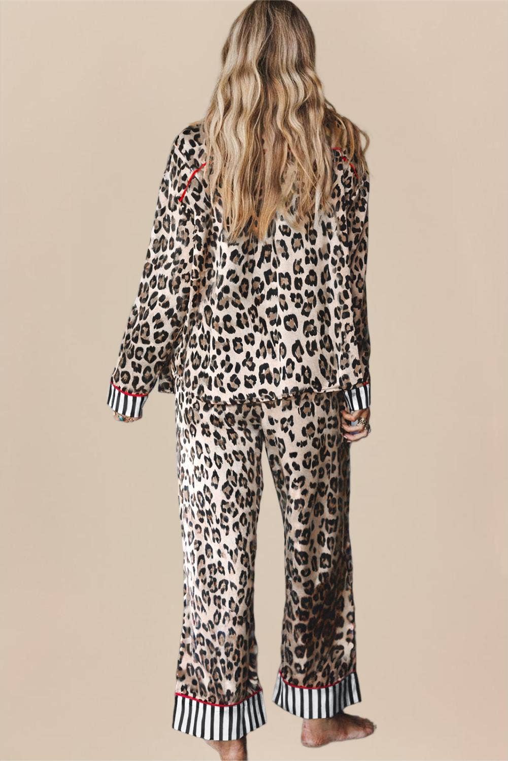 Khaki LAS Leopard Striped Edge Shirt and Pants Pajama Set (S-4X) for wholesale on Faire4