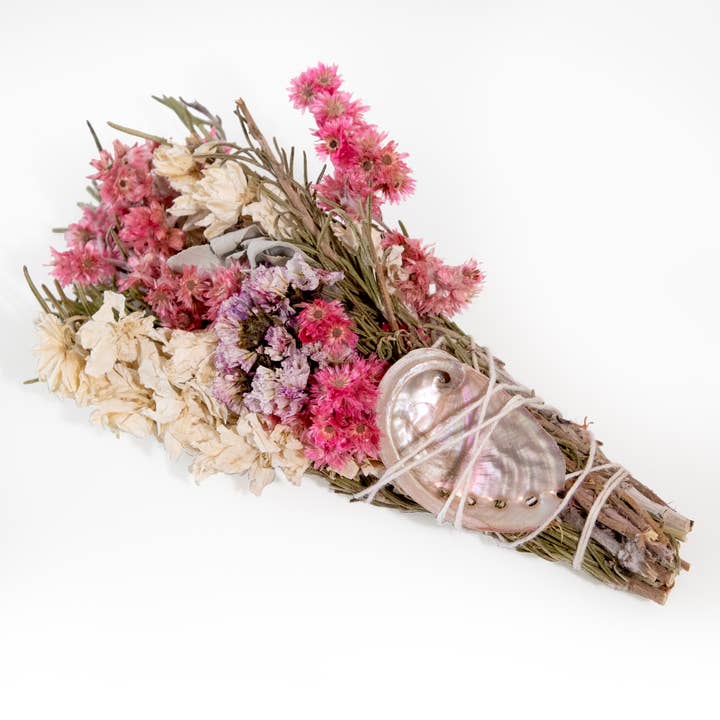 Andaluca - Wholesale Smudge Stick - 6" Pink & White Floral Smudge Wand with Shell