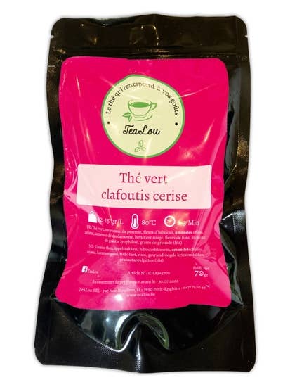 Thé vert clafoutis cerise - Sachet 70g pour la vente par Tealou