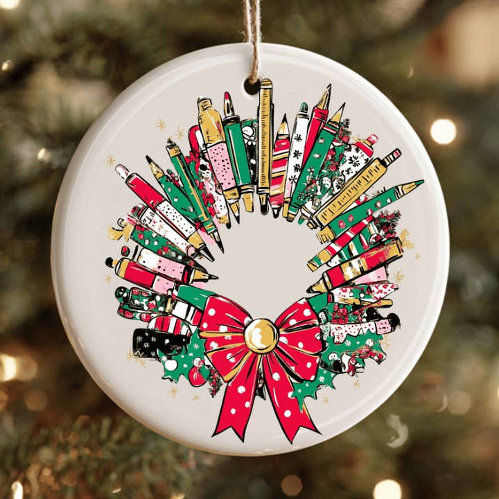 Mixed Pencil Christmas Wreath Ceramic Ornament for wholesale by JAC Wholesale