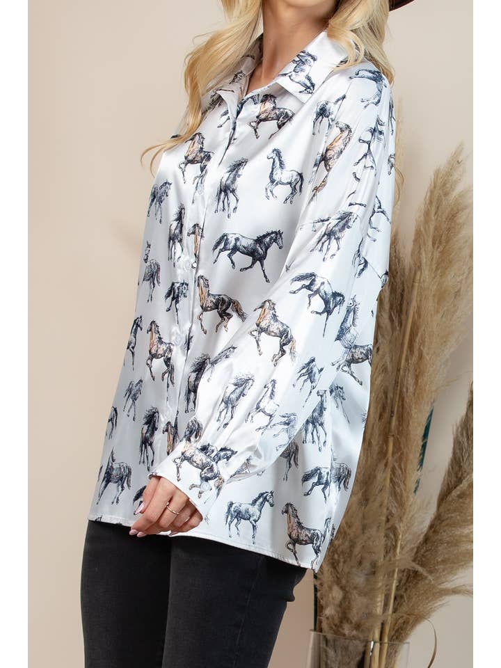 T1361S-4931-Western Horse Graphic Print Satin Button Down To for wholesale on Faire