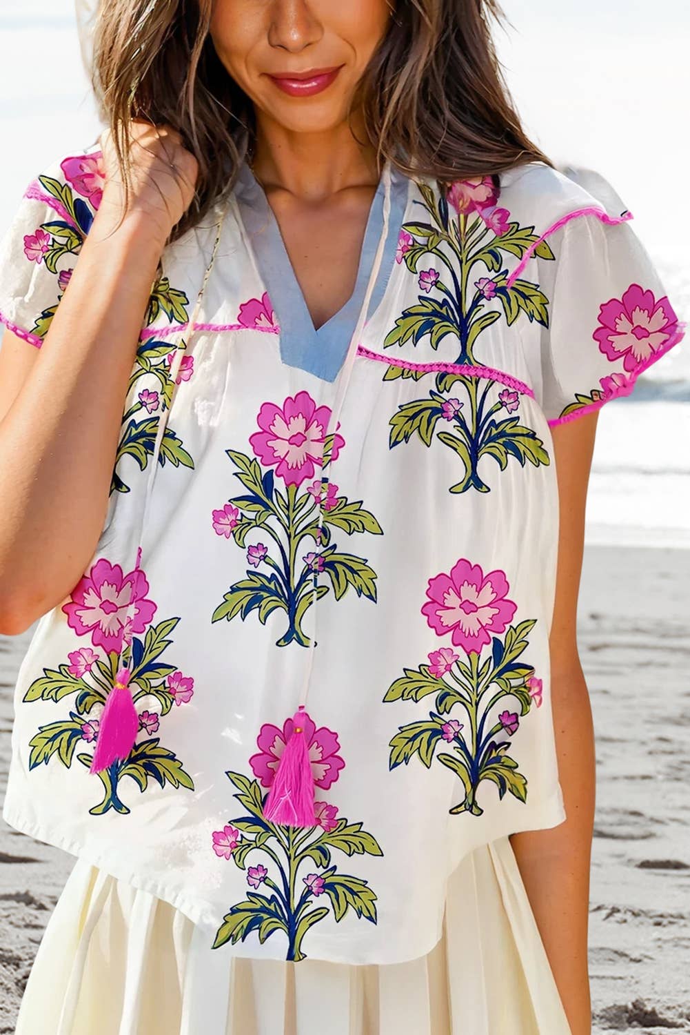 As shown Floral Print Short Sleeve V Neck Blouse | Plus Size 1X-4X for wholesale on Faire1