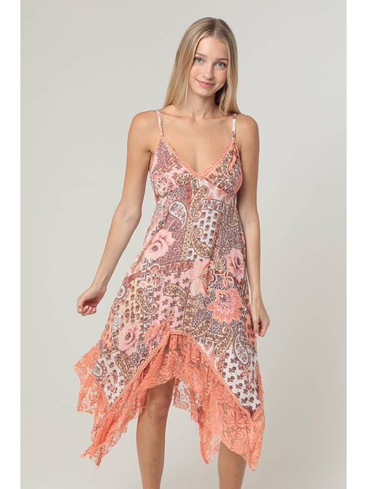 ANGIE - Wholesale Dress - Women's - H4466-W909 SPAGHETTI STRAP VNECK LACE TRIM MIDI DRESS