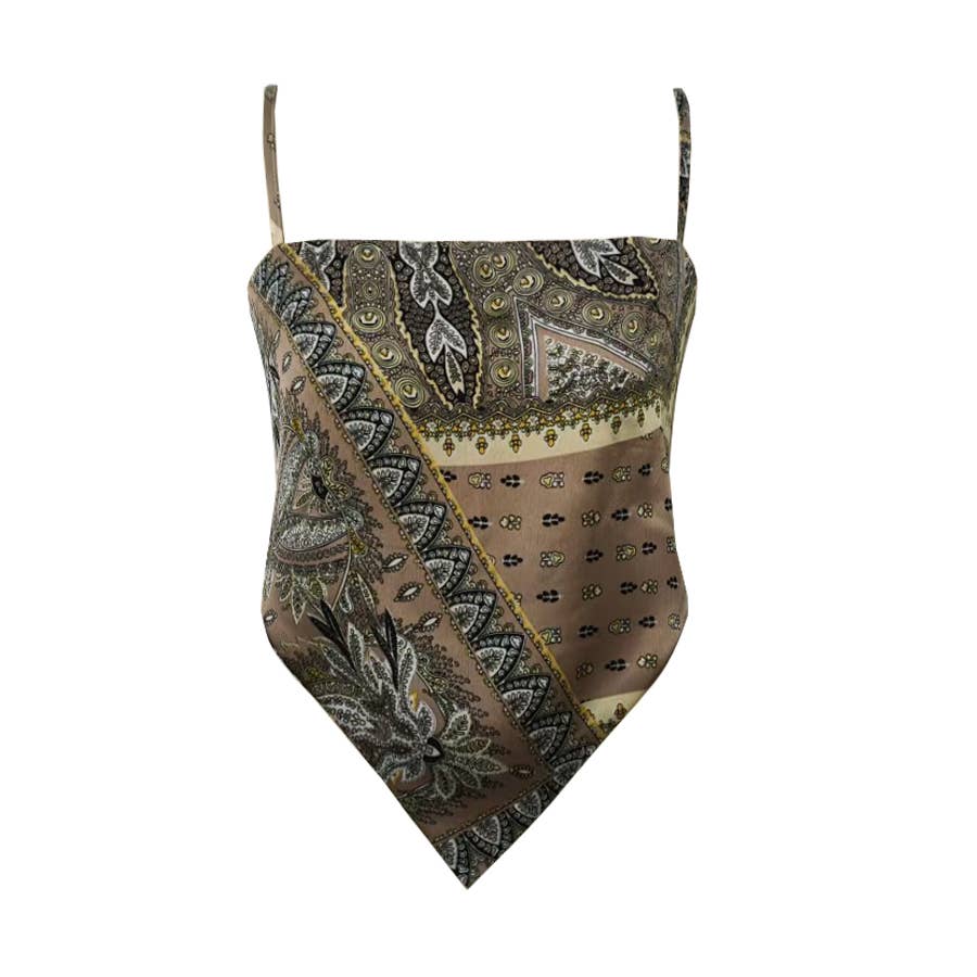 Rosa Clothing - Wholesale Camisole - Women's - Silk Vintage Print Backless Lace-Up Cropped Camisole Top0