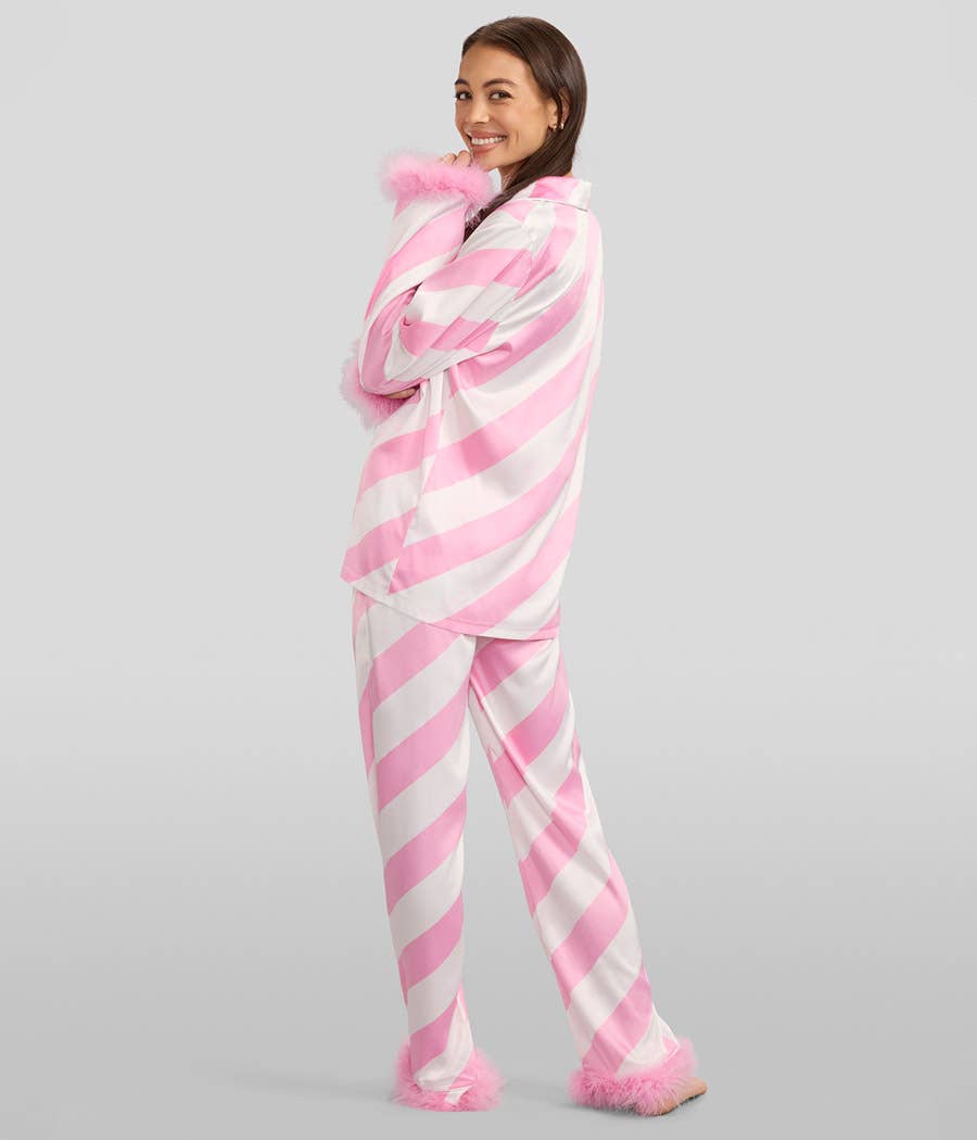 Tipsy Elves - Wholesale Sleepwear Set - Women's - Pink Candy Cane Satin Feather Pajamas - Women's Cute PJ Set1