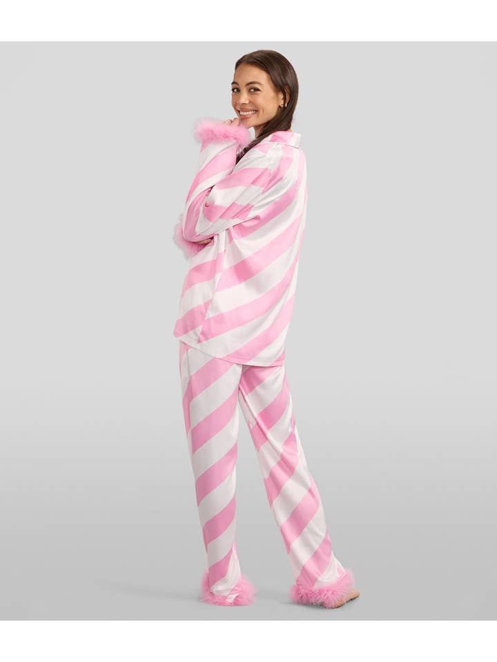 Tipsy Elves - Wholesale Sleepwear Set - Women's - Pink Candy Cane Satin Feather Pajamas - Women's Cute PJ Set1
