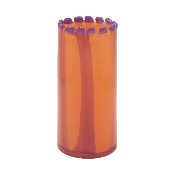Straight vase in blown glass with lilac pearl-edged peach stripes for wholesale by Maison Lilo