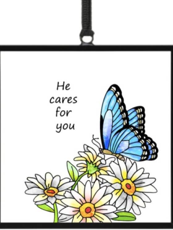 He cares for you - 4" x 4" glass Suncatcher w/ sash for wholesale by Bridgeton Hall