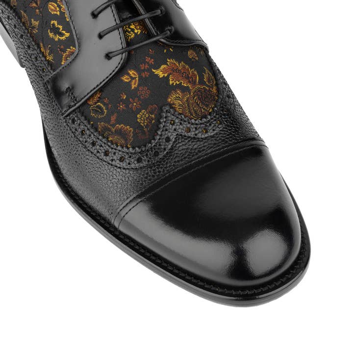 Embassy London – wholesale Oxford shoes – Men′s – Orlando - Black & Yellow Flowers - Men's toe cap dressy black shoe with flower print leather6