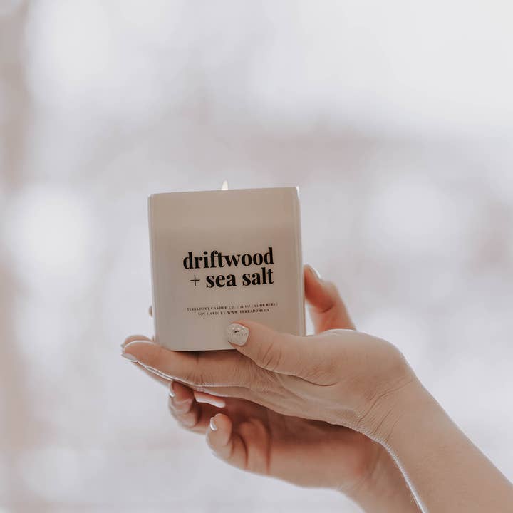 Driftwood + Sea Salt Soy Candle | Ceramic Jar + Box | 11 oz for wholesale by Terradomi Candle Co.