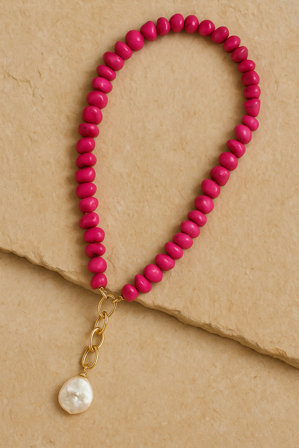 The Bling Barn - Wholesale Beaded/Pearl Necklace - Cienta Chipped Stone Necklace with Pearl FUCHSIA4