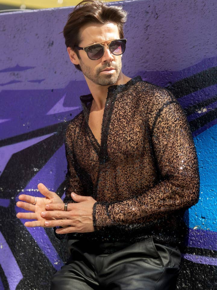 Camisas transparentes de lentejuelas de manga larga para hombre 5PST01 para venta al por mayor de BARABAS