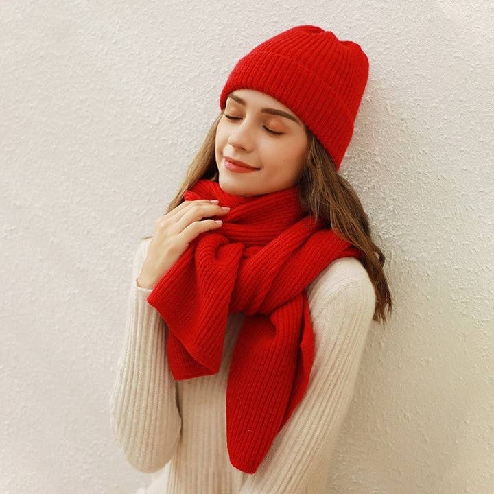 FurDecoration - Wholesale Beanie - Women's - Solid Color Ribbed Knit Scarf And Hat Set1