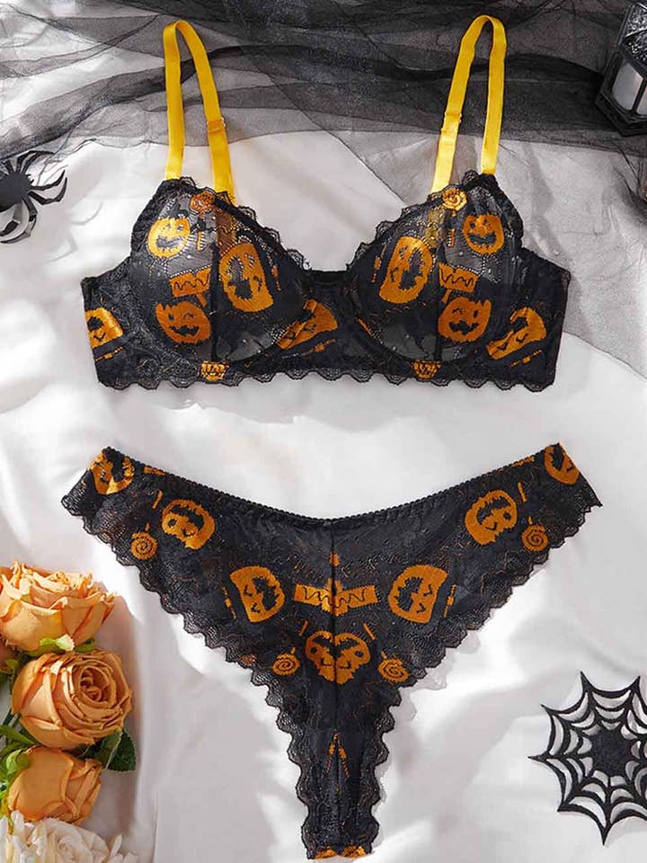 Conjunto de Lingerie Sexy com Estampa de Abóbora e Caveira para Senhoras por atacado de Sweetkama