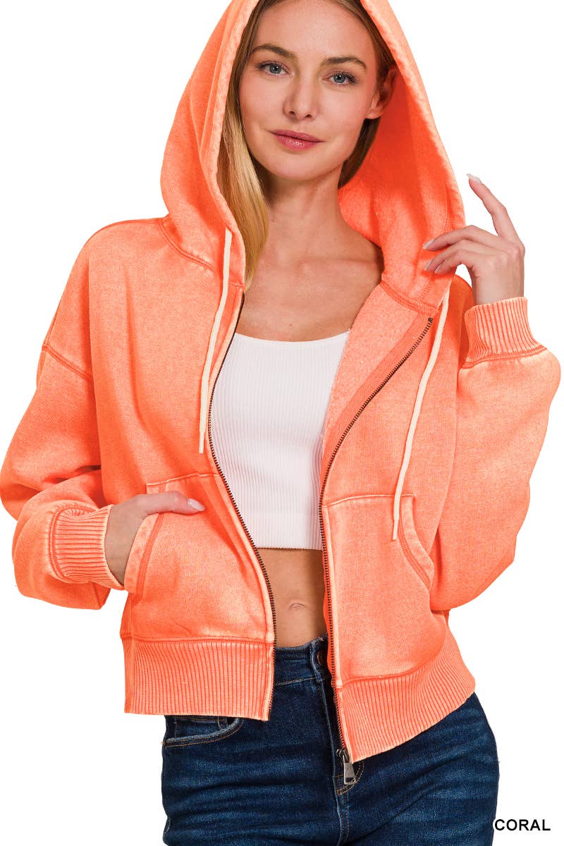 42POPS - Vente Sweat à capuche – femme - ..SI-25313 Sweat à capuche zippé court en molleton délavé à l'acide6