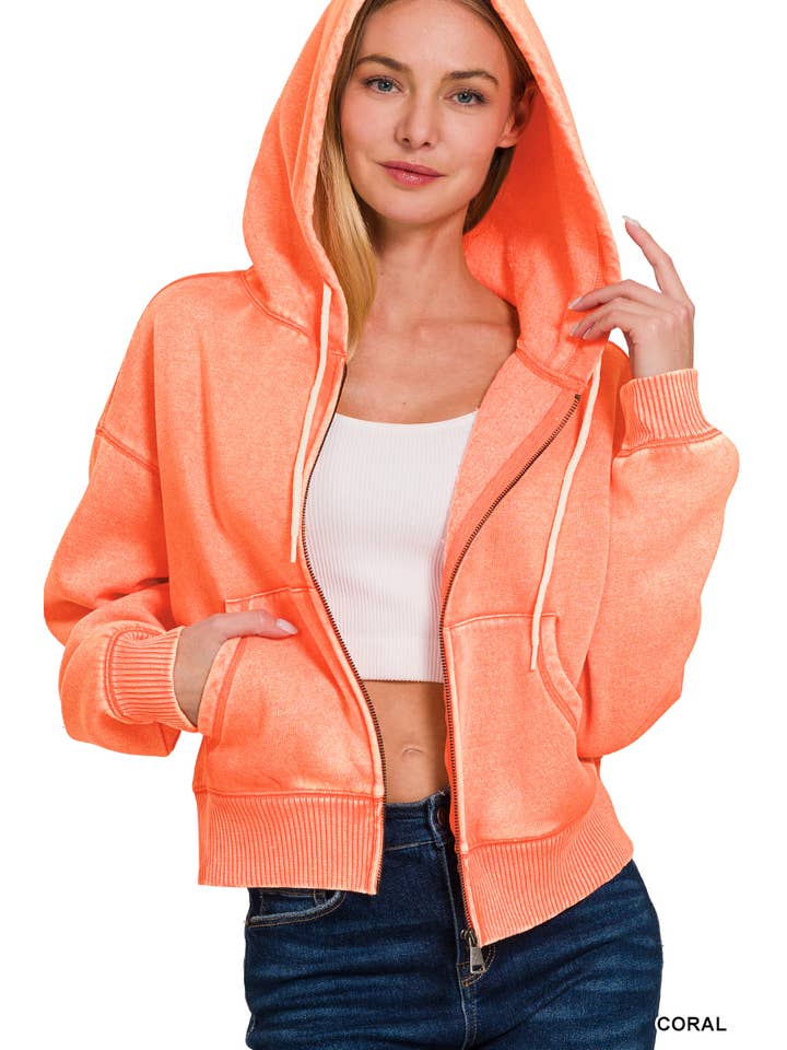 42POPS - Wholesale Hoodie – Women's - .....SI-25313 Acid Wash Fleece Cropped Zip Up Hoodie9