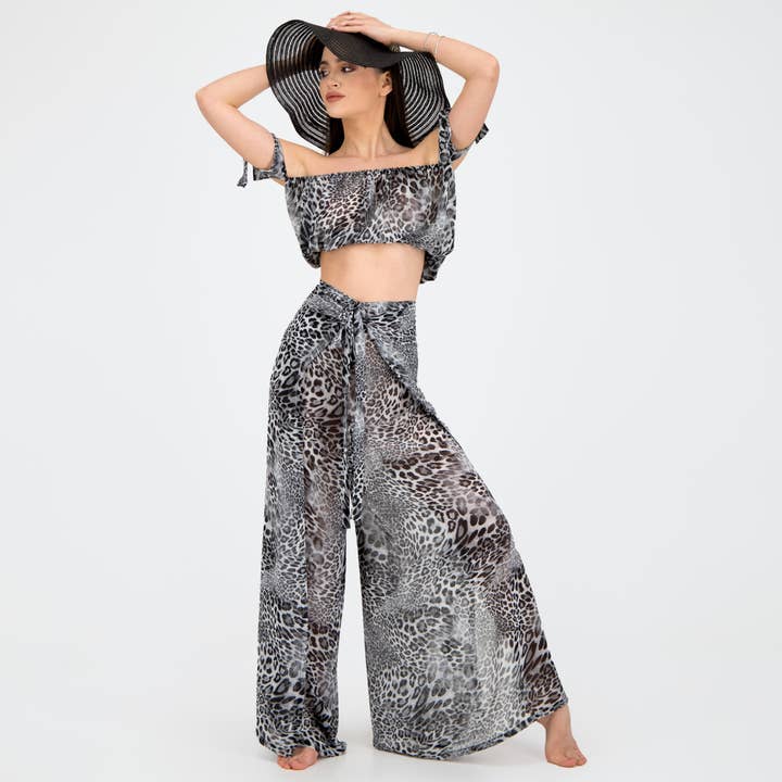 2 Piece Animal Print Convertible Outfit- wrap backless jumpsuit / wrap pants and a crop top for wholesale by Labeled bohemian