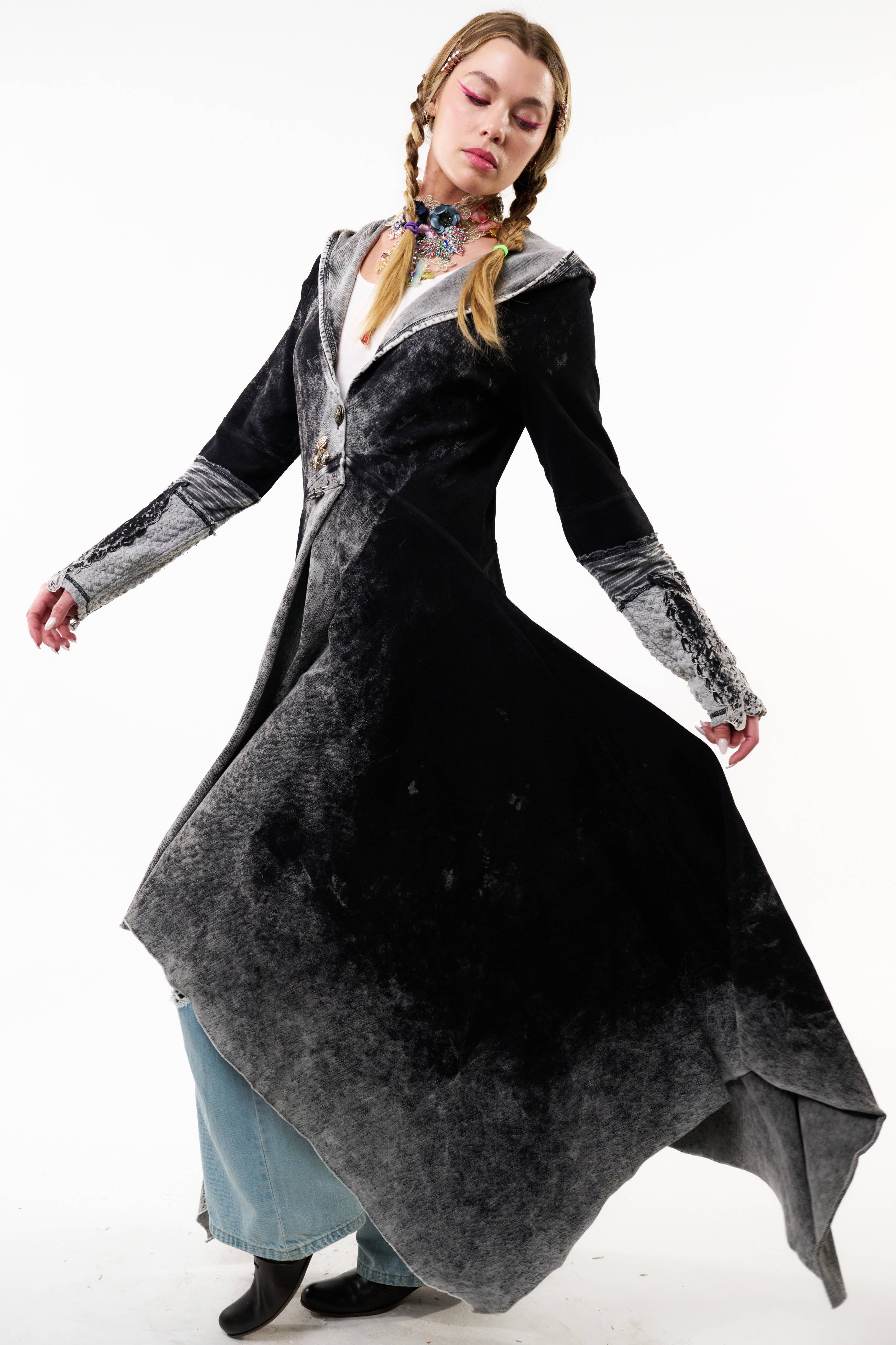 Black Acid Wash Forest Goddess French Terry Coat for wholesale on Faire12