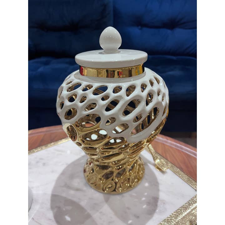 VIVIENCE - Wholesale Decorative Jar - Gold and White Design Ginger Jar Medium5