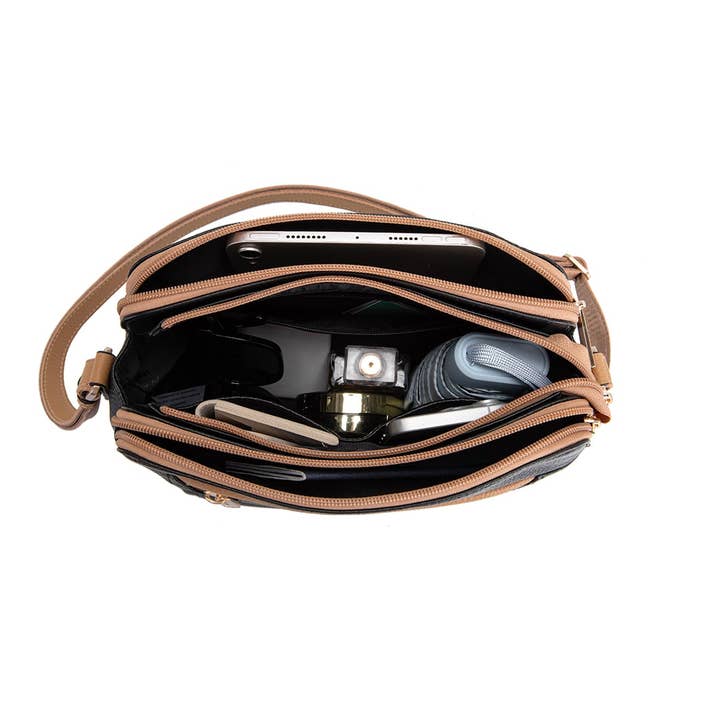 Serenade Beverly Hills Collection - Wholesale Crossbody Bag - Women's - BROOKE TRIPLE COMPARTMENT LEATHER XBODY BAG- E1-0828-BLK/CAM6