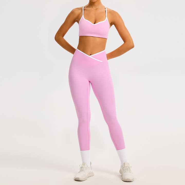 Color-Block Crossover-Waist Sports Bra & Leggings Set for wholesale by Sodalemon