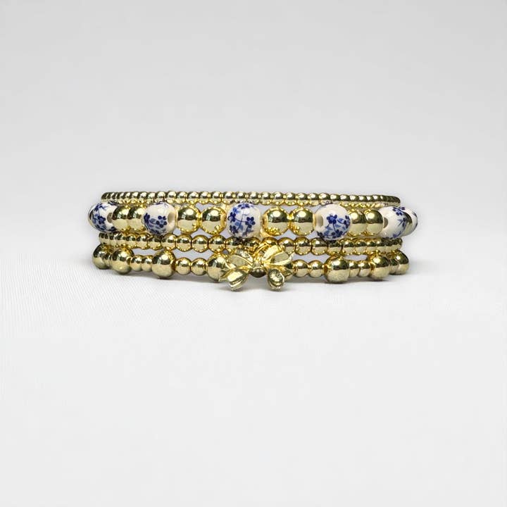 Fish Towne Designs, LLC - Wholesale Jewelry Set - Gold and Chinoiserie Beaded Bracelet Stack3