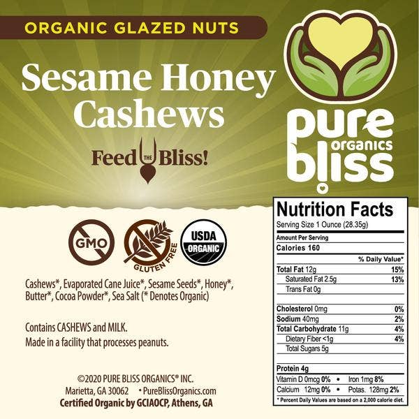 Pure Bliss Organics - Wholesale Nuts - Sesame Honey Cashews - 4.0oz