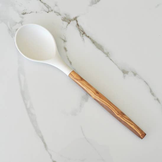 Silicone Round Spoon (White) with Olive Wood Handle - 12" for wholesale by Naturally Med Inc.