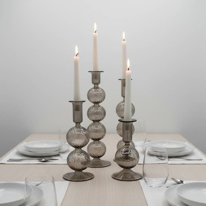 Long Stem Blown Glass Candle Holder with Baubles - Smoky for wholesale by Dandarah (Ships from USA)