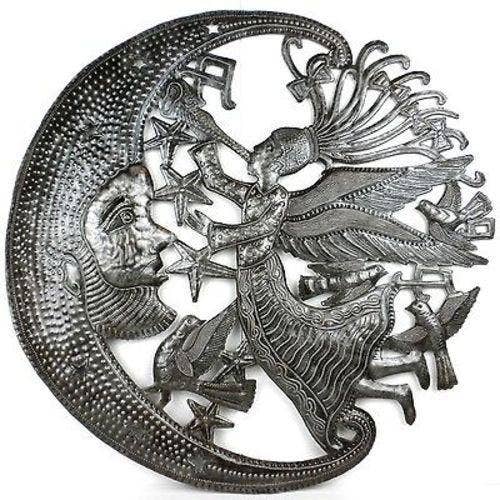 24" Angel and Moon Celestial Haitian Metal Drum Wall Art for wholesale by Global Crafts