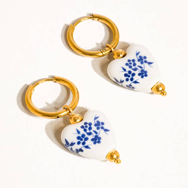 Blue Yun 18K Gold Non-Tarnish Ceramic Floral Heart Earring for wholesale on Faire